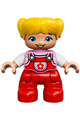 Duplo Figure Lego Ville, Child Girl, Red Legs, Bright Pink Top with Flower on Pocket, White Arms, Yellow Hair - 47205pb053