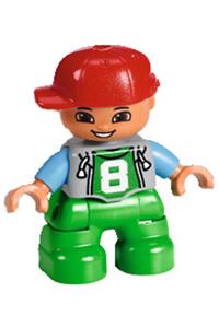 Duplo Figure Lego Ville, Child Boy, Bright Green Legs, Light Bluish Gray Top with '8' Pattern, Medium Blue Arms, Red Cap, Freckles around Eyes 47205pb054