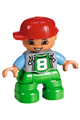 Duplo Figure Lego Ville, Child Boy, Bright Green Legs, Light Bluish Gray Top with '8' Pattern, Medium Blue Arms, Red Cap, Freckles around Eyes - 47205pb054