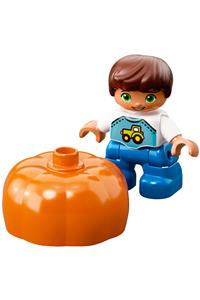 Duplo Figure Lego Ville, Child Boy, Blue Legs, White Top with Tractor Pattern, Reddish Brown Hair 47205pb055