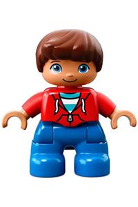 Duplo Child Boy - Lego Ville Duplo figure, child boy with reddish brown hair, wearing blue legs and a red top with zipper and pockets - 47205pb056