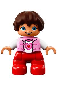 Duplo Figure Lego Ville, Child Girl, Red Legs, Bright Pink Top with Heart Pattern, White Arms, Reddish Brown Hair 47205pb057