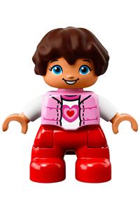 Duplo Child Girl - Lego Ville Duplo figure: Girl with reddish-brown hair, white arms, red legs, and bright pink top with heart pattern - 47205pb057