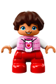Duplo Figure Lego Ville, Child Girl, Red Legs, Bright Pink Top with Heart Pattern, White Arms, Reddish Brown Hair - 47205pb057