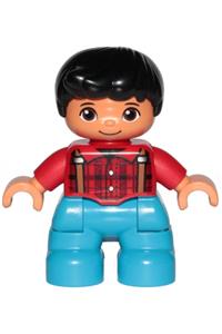Duplo Child Boy - LEGO Ville Duplo figure, boy with dark azure legs, wearing red checkered shirt with suspenders and black hair - 47205pb058