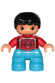 Duplo Figure Lego Ville, Child Boy, Dark Azure Legs, Red Checkered Shirt with Suspenders, Black Hair - 47205pb058