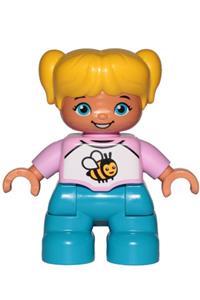 Duplo Figure Lego Ville, Child Girl, Dark Azure Legs, White and Pink Top with Bee, Yellow Hair with Ponytails 47205pb059