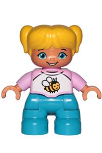 Duplo Child Girl - Lego Ville Duplo figure of a child girl with yellow hair in ponytails, wearing white and pink top with bee, and dark azure legs - 47205pb059