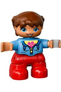 Duplo Figure Lego Ville, Child Girl, Red Legs, Medium Blue Jacket over Shirt with Flower, Reddish Brown Pigtails, Round Eyes 47205pb060