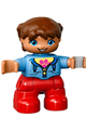 Lego Ville Duplo figure of a child girl with red legs, medium blue jacket, reddish brown pigtails, and round eyes - 47205pb060