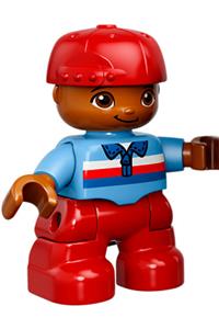 Duplo Child Boy - Child boy Duplo figure with red legs, wearing a medium blue top with zipper, red cap, and round eyes - 47205pb061