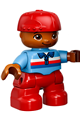Duplo Figure Lego Ville, Child Boy, Red Legs, Medium Blue Top with Zipper and Blue, Red and White Stripes, Red Cap, Round Eyes - 47205pb061