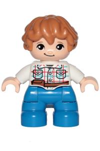 Duplo Figure Lego Ville, Child Boy, Blue Legs, White Checkered Shirt with Belt, Medium Nougat Hair 47205pb062