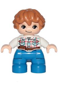 Duplo Child Boy - Lego Ville Duplo figure of a child boy with blue legs, wearing a white checkered shirt with belt and medium nougat hair - 47205pb062