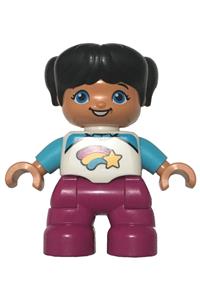 Duplo Child Girl - Lego Ville Duplo figure, girl child with magenta legs, wearing white and medium azure top with shooting star, and black hair with ponytails - 47205pb063
