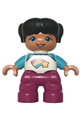 Duplo Figure Lego Ville, Child Girl, Magenta Legs, White and Medium Azure Top with Shooting Star, Black Hair with Ponytails - 47205pb063