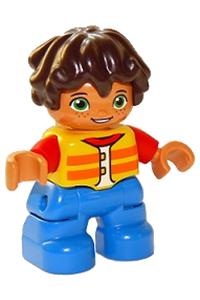 Duplo Child Boy - Lego Ville Duplo figure of a child boy with blue legs, wearing a yellow vest, red arms, and reddish brown hair - 47205pb066
