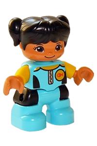 Duplo Figure Lego Ville, Child Girl, Medium Azure Diving Suit, Yellow Arms, Black Hair with Ponytails 47205pb067