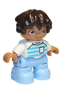 Duplo Child Boy - Lego Ville Duplo figure of a child boy with bright light blue legs, white top with medium azure and light aqua stripes, white arms, and reddish brown hair - 47205pb068