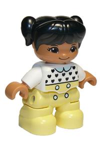 Duplo Figure Lego Ville, Child Girl, Bright Light Yellow Legs, White Top with Black Hearts, Black Hair with Ponytails 47205pb069