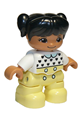 Duplo Figure Lego Ville, Child Girl, Bright Light Yellow Legs, White Top with Black Hearts, Black Hair with Ponytails - 47205pb069