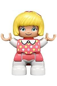 Duplo Child Girl - Lego Ville Duplo figure, girl child with white legs, coral top with polka dots, white arms, bright light yellow hair with bow - 47205pb070
