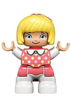 Duplo Figure Lego Ville, Child Girl, White Legs, Coral Top with Polka Dots Pattern, White Arms, Bright Light Yellow Hair with Bow - 47205pb070