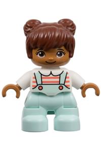 Duplo Figure Lego Ville, Child Girl, Light Aqua Legs, White Top with Coral Stripes, Reddish Brown Hair 47205pb071