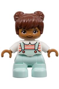 Duplo Child Girl - Lego Ville Duplo figure, girl child with light aqua legs, white top with coral stripes, and reddish brown hair - 47205pb071