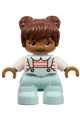 Lego Ville Duplo figure, girl child with light aqua legs, white top with coral stripes, and reddish brown hair - 47205pb071