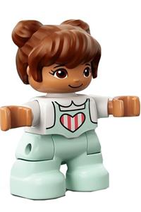 Duplo Figure Lego Ville, Child Girl, Light Aqua Legs, White Top with Coral Stripes in Heart, Reddish Brown Hair 47205pb072