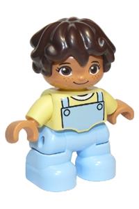 Duplo Child Girl - Lego Ville Duplo figure of a child girl with bright light blue legs, bright light yellow top, and dark brown hair - 47205pb073