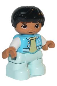 Duplo Figure Lego Ville, Child Boy, Light Aqua Legs, Medium Azure Jacket, Bright Light Yellow Shirt, White Arms, Black Hair 47205pb074