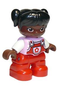 Duplo Figure Lego Ville, Child Girl, Red Legs, Bright Pink Top with Flower on Pocket, White Arms, Black Hair with Pigtails, Oval Eyes 47205pb075