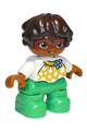 Duplo Figure Lego Ville, Child Girl, Bright Green Legs, White Top with Yellow Pattern and Blue Bow, Dark Brown Wavy Hair, Magenta Glasses - 47205pb076