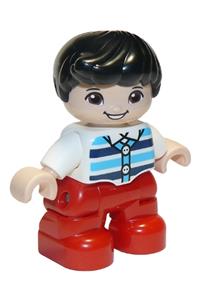 Duplo Child Boy - Child boy Duplo figure with black hair, wearing red legs and a white top with medium azure and dark blue stripes - 47205pb077