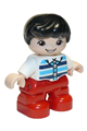 Duplo Figure Lego Ville, Child Boy, Red Legs, White Top with Medium Azure and Dark Blue Stripes, Black Hair - 47205pb077