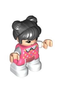 Duplo Figure Lego Ville, Child Girl, White Legs, Coral Top with Polka Dots Pattern, White Arms, Black Hair 47205pb078