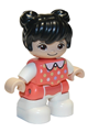 Duplo Figure Lego Ville, Child Girl, White Legs, Coral Top with Polka Dots Pattern, White Arms, Black Hair - 47205pb078