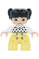 Duplo Figure Lego Ville, Child Girl, Bright Light Yellow Legs, White Top with Black Hearts, Black Hair with Pigtails, Light Nougat Skin - 47205pb079