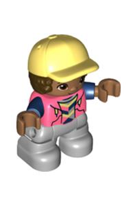 Duplo Child Boy - Boy Duplo LEGO figure with light bluish gray legs, coral top with dark blue arms, dark brown hair, and bright light yellow cap - 47205pb080