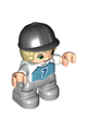 Duplo Figure Lego Ville, Child Boy, Light Bluish Gray Legs, Medium Azure Top with Number 7, Tan Hair, Black Riding Helmet - 47205pb081