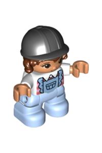 Duplo Child Girl - Lego Ville Duplo figure of a child girl with reddish brown hair, wearing bright light blue legs with overalls, a white top, and a black riding helmet - 47205pb083