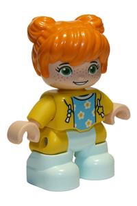 Duplo Figure Lego Ville, Child Girl, Light Aqua Legs, Yellow Jacket with Medium Azure Top with Flowers, Orange Hair 47205pb084