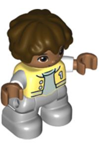 Duplo Child Boy - Lego Ville Duplo figure of a child boy with light bluish gray legs, bright light yellow jacket with number 1, and dark brown hair - 47205pb086