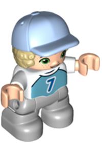Duplo Child Boy - Lego Ville Duplo figure of a boy with light bluish gray legs, medium azure top featuring number 7, tan hair, and a bright light blue cap - 47205pb087