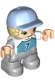 Duplo Figure Lego Ville, Child Boy, Light Bluish Gray Legs, Medium Azure Top with Number 7, Tan Hair, Bright Light Blue Cap - 47205pb087