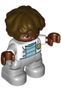 Duplo Figure Lego Ville, Child Boy, Light Bluish Gray Legs, White Jacket, Light Aqua and Medium Azure Striped Top, Dark Brown Hair 47205pb089
