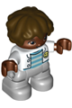 Duplo Figure Lego Ville, Child Boy, Light Bluish Gray Legs, White Jacket, Light Aqua and Medium Azure Striped Top, Dark Brown Hair - 47205pb089