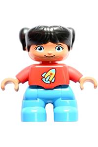 Duplo Figure Lego Ville, Child Girl, Dark Azure Legs, Red Top with Space Rocket Ship, Black Hair 47205pb090